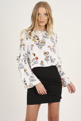 White Floral Tie Bell Sleeve Top - Gemma-Tops