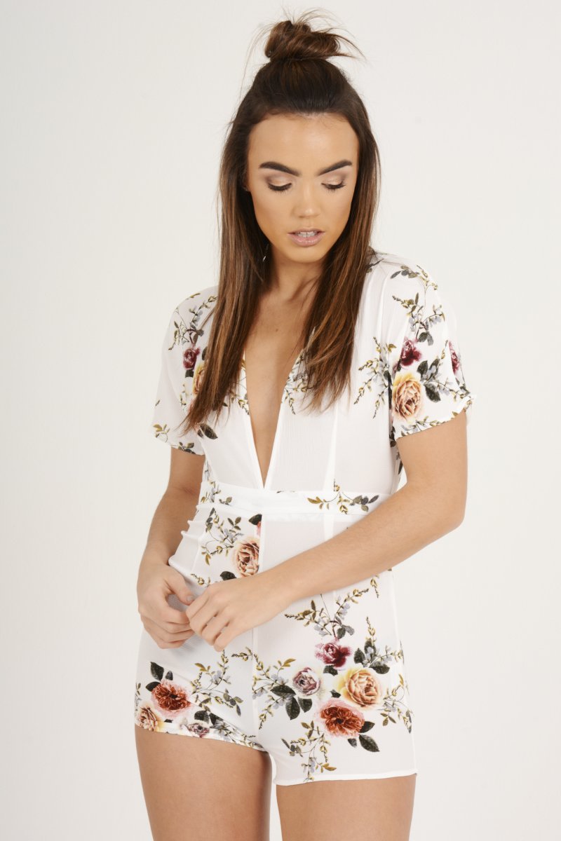 White Floral V Cut Playsuit - Dianne-Playsuits