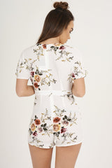 White Floral V Cut Playsuit - Dianne-Playsuits
