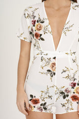 White Floral V Cut Playsuit - Dianne-Playsuits