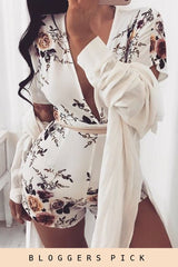 White Floral V Cut Playsuit - Dianne-Playsuits
