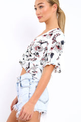 White Floral V Neck Top with Frills - Rubye-Tops