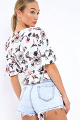 White Floral V Neck Top with Frills - Rubye-Tops