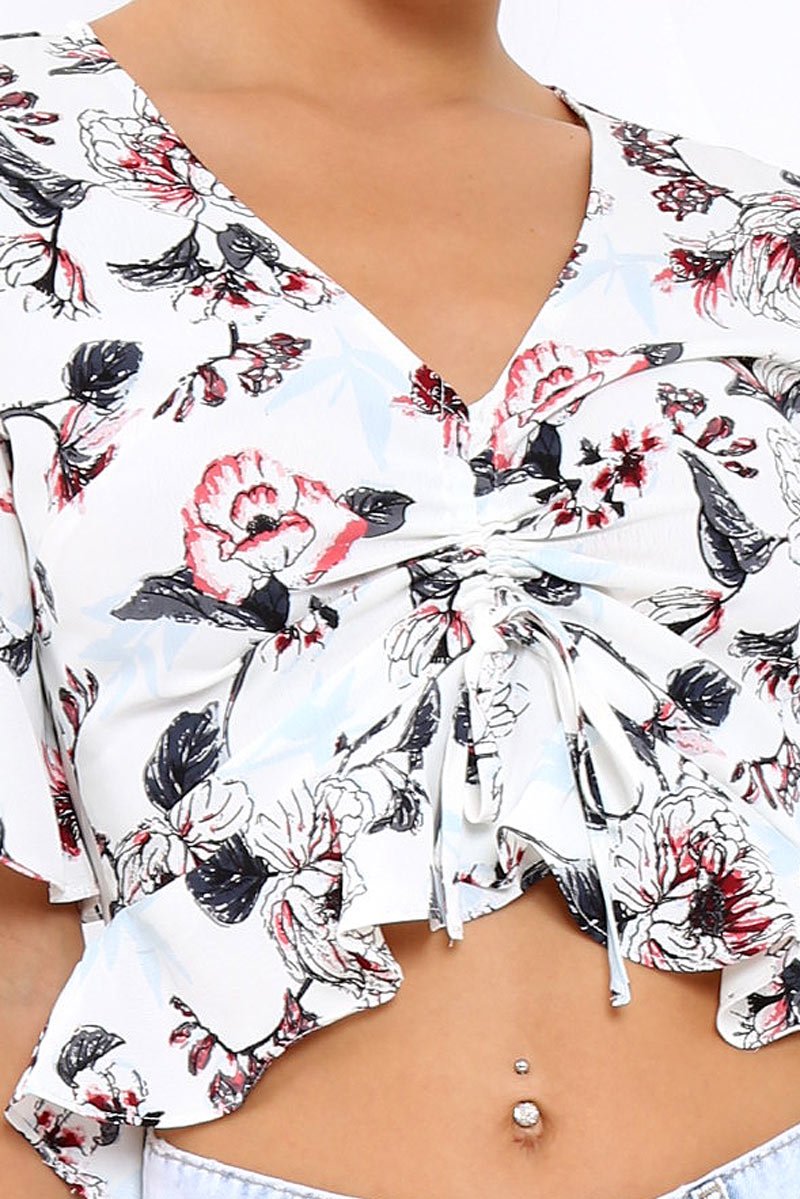 White Floral V Neck Top with Frills - Rubye-Tops