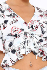 White Floral V Neck Top with Frills - Rubye-Tops