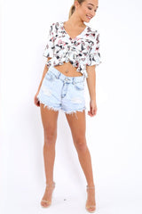 White Floral V Neck Top with Frills - Rubye-Tops