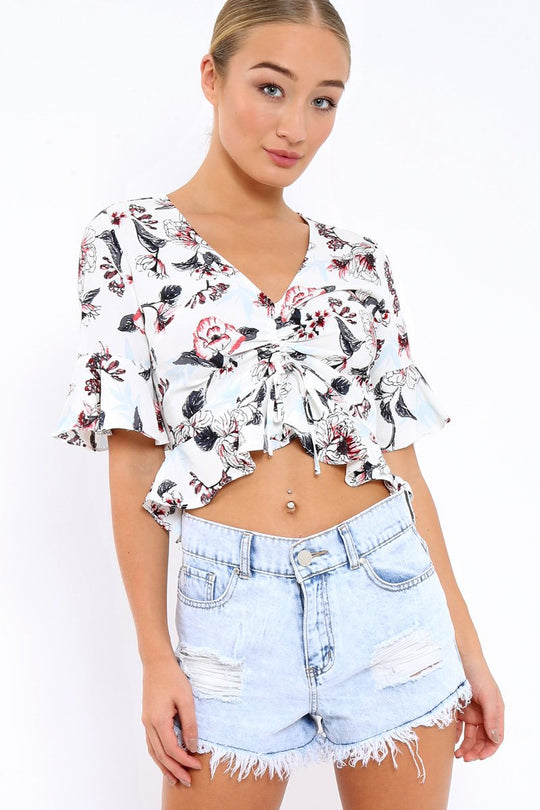White Floral V Neck Top with Frills - Rubye