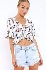 White Floral V Neck Top with Frills - Rubye-Tops