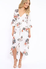 White Floral Wrap Dress - Adley-Dresses