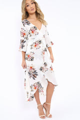 White Floral Wrap Dress - Adley-Dresses
