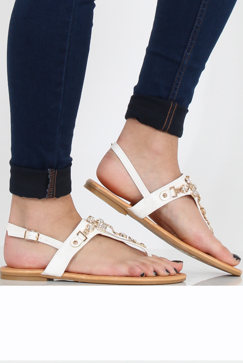 White Flower Diamante Sandals - Ailish-Sandals