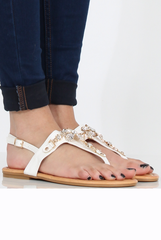 White Flower Diamante Sandals - Ailish-Sandals