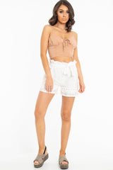White Flower Embroidered Belted Shorts - Adely-Shorts