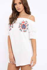 White Flower Embroidered Shift Dress - Isolde-Dresses