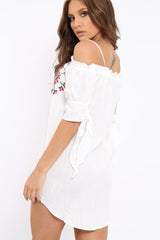 White Flower Embroidered Shift Dress - Isolde-Dresses