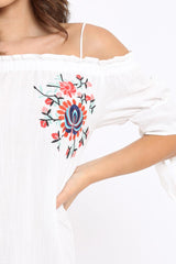 White Flower Embroidered Shift Dress - Isolde-Dresses