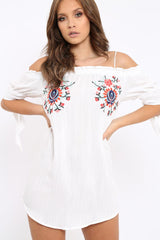 White Flower Embroidered Shift Dress - Isolde-Dresses