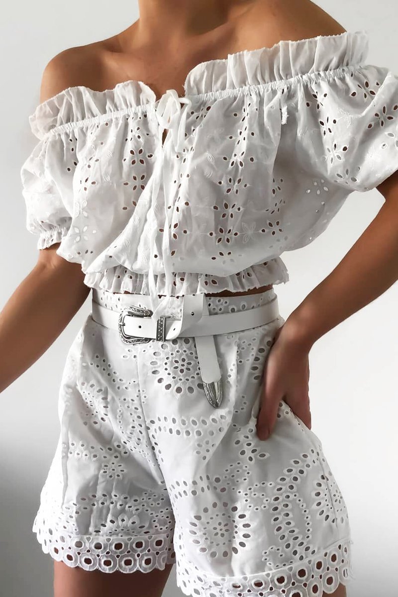 White Flower Embroidered Shorts - Fable-Shorts
