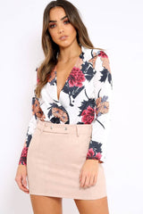 White Flower Print Plunge Satin Bodysuit - Madelynn-Bodysuits