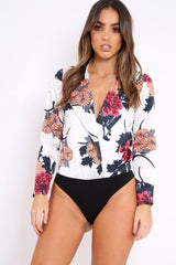 White Flower Print Plunge Satin Bodysuit - Madelynn-Bodysuits