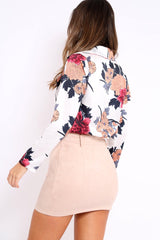 White Flower Print Plunge Satin Bodysuit - Madelynn-Bodysuits