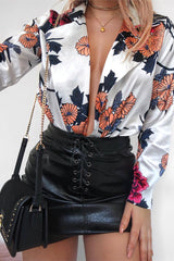 White Flower Print Plunge Satin Bodysuit - Madelynn-Bodysuits