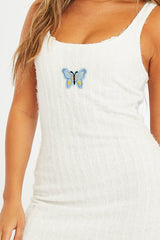 White Fluffy Yarn Butterfly Motif Mini Dress - Jamie-Dresses