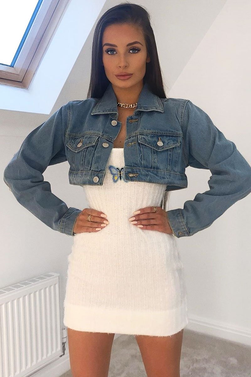 White Fluffy Yarn Butterfly Motif Mini Dress - Jamie-Dresses