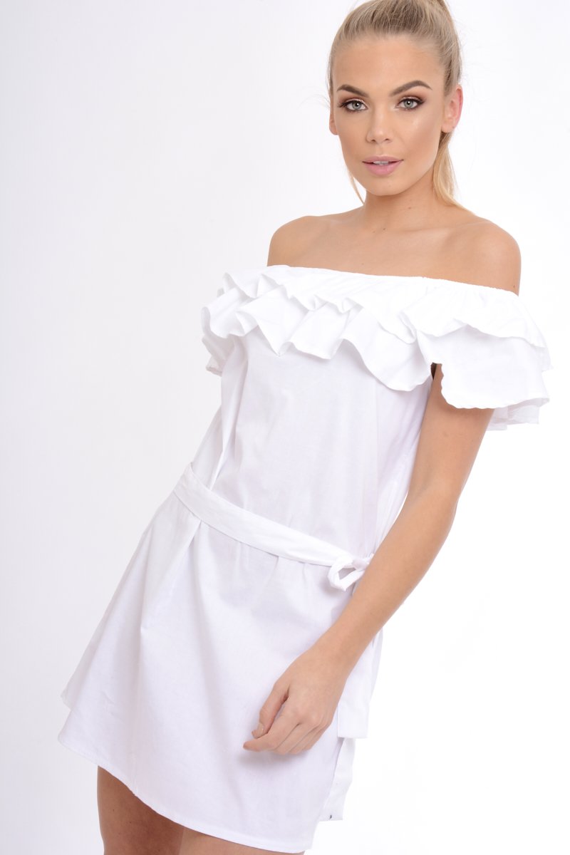 White Frill Bardot Tie Waist Shirt Dress - Ally-Dresses