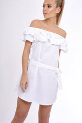 White Frill Bardot Tie Waist Shirt Dress - Ally-Dresses
