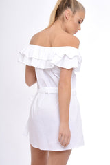 White Frill Bardot Tie Waist Shirt Dress - Ally-Dresses