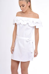 White Frill Bardot Tie Waist Shirt Dress - Ally-Dresses