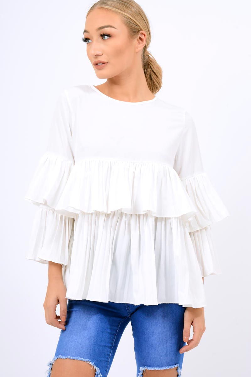 White Frill Bell Sleeve Blouse - Kalea-Tops