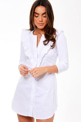 White Frill Detail Shirt Dress - Leona-Dresses