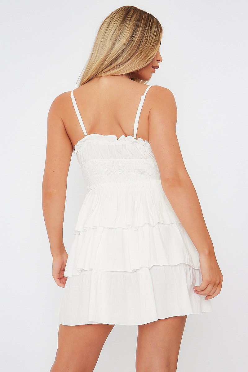 White Frill Detail Tiered Cut Out Mini Dress - Daneen-Dresses