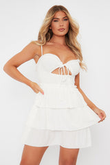 White Frill Detail Tiered Cut Out Mini Dress - Daneen-Dresses
