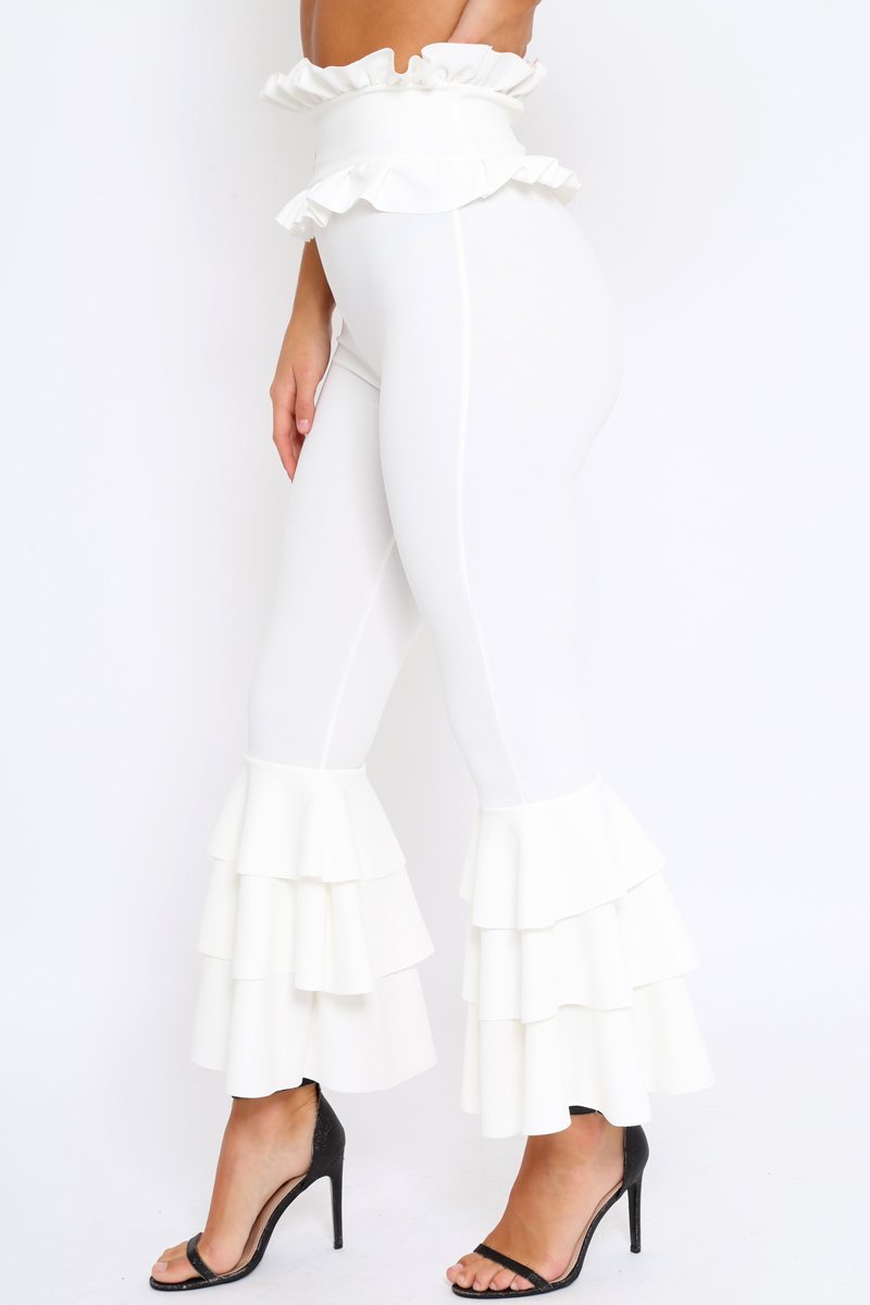 White Frill Hem Triple Tiered Frill Hem Trousers - Karla-Trousers