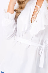 White Frill Lace Up Shirt - Alayah-Shirts