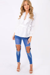 White Frill Lace Up Shirt - Alayah-Shirts