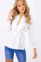White Frill Lace Up Shirt - Alayah-Shirts