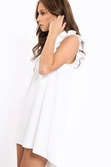 White Frill Sleeve Dip Hem Shirt Dress - Camilie-Dresses
