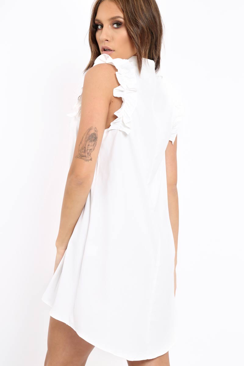 White Frill Sleeve Dip Hem Shirt Dress - Camilie-Dresses