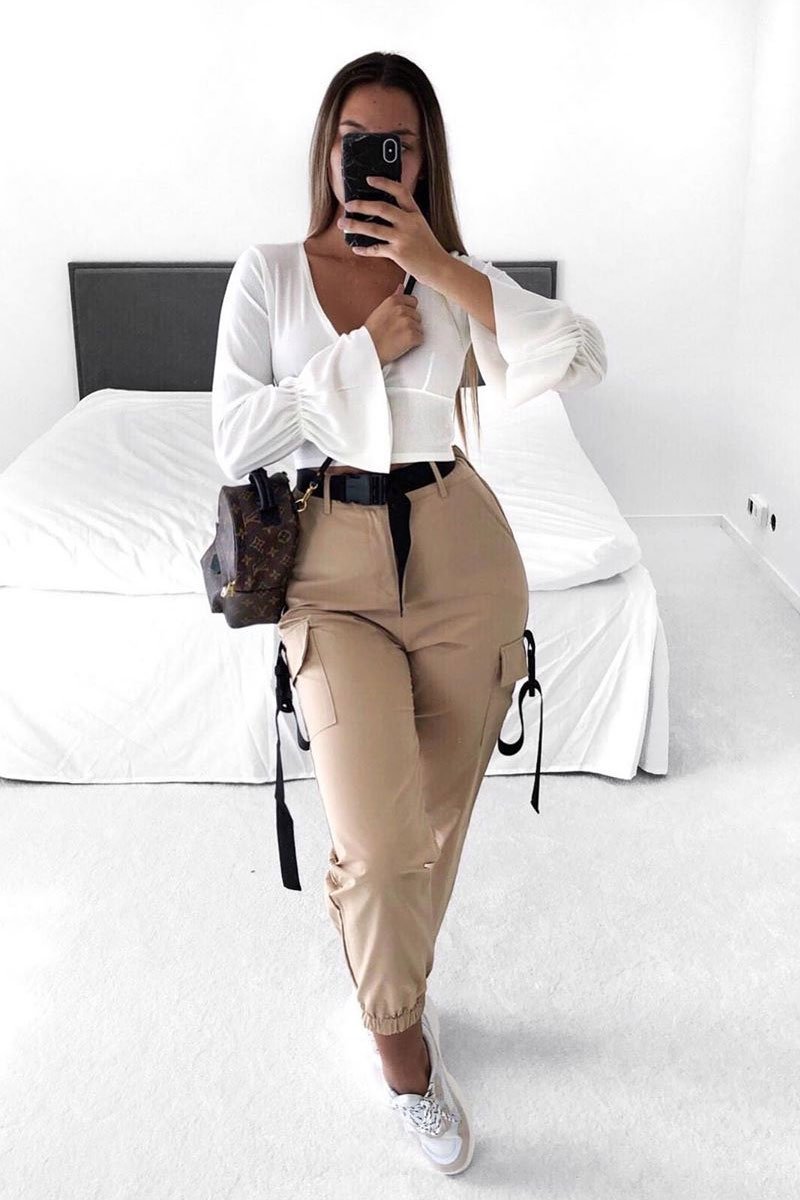 White Frill Sleeve Plunge Neck Crop Top - Michaella-Crop Tops