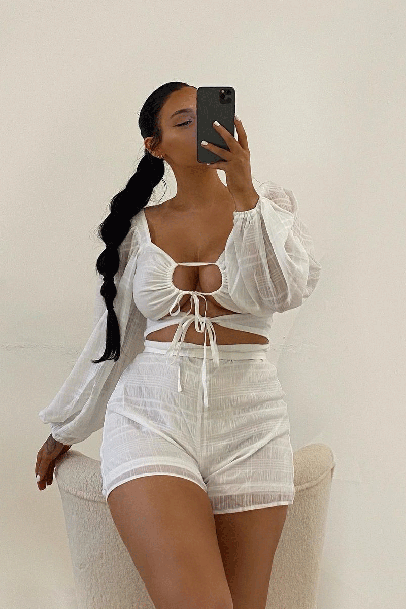 White Front Cut Out Long Sleeve Playsuit - Cami-Playsuits