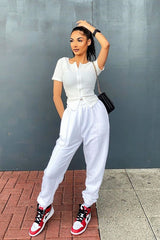 White Front Piping Joggers - Jordyn-Joggers