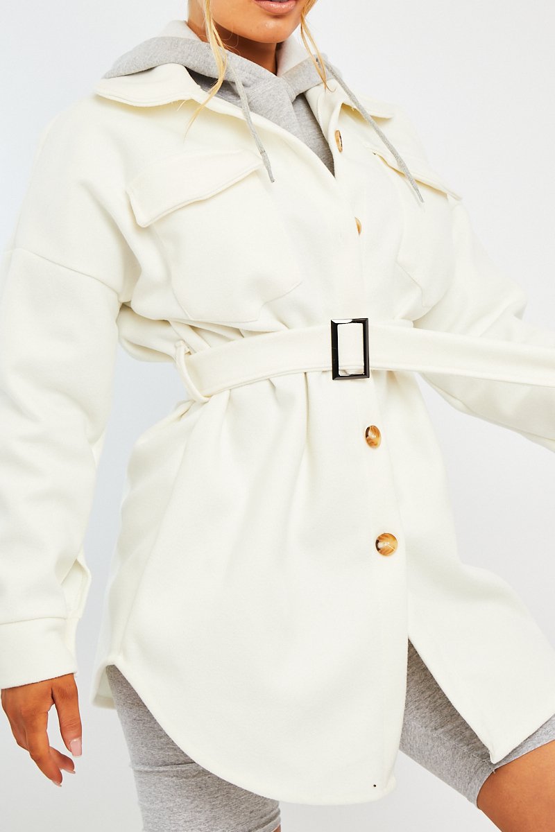 White Front Pocket Belted Shacket - Ranessa-Shacket