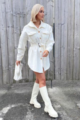 White Front Pocket Belted Shacket - Ranessa-Shacket