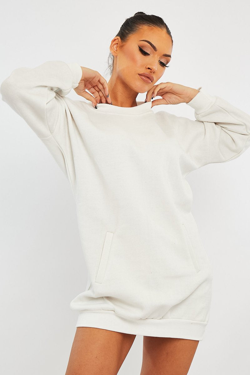 White Front Pocket Sweatshirt Mini Dress - Niamh-Dresses