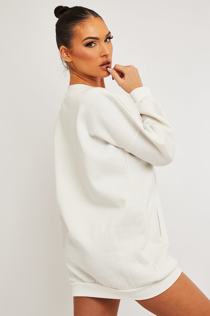 White Front Pocket Sweatshirt Mini Dress - Niamh-Dresses