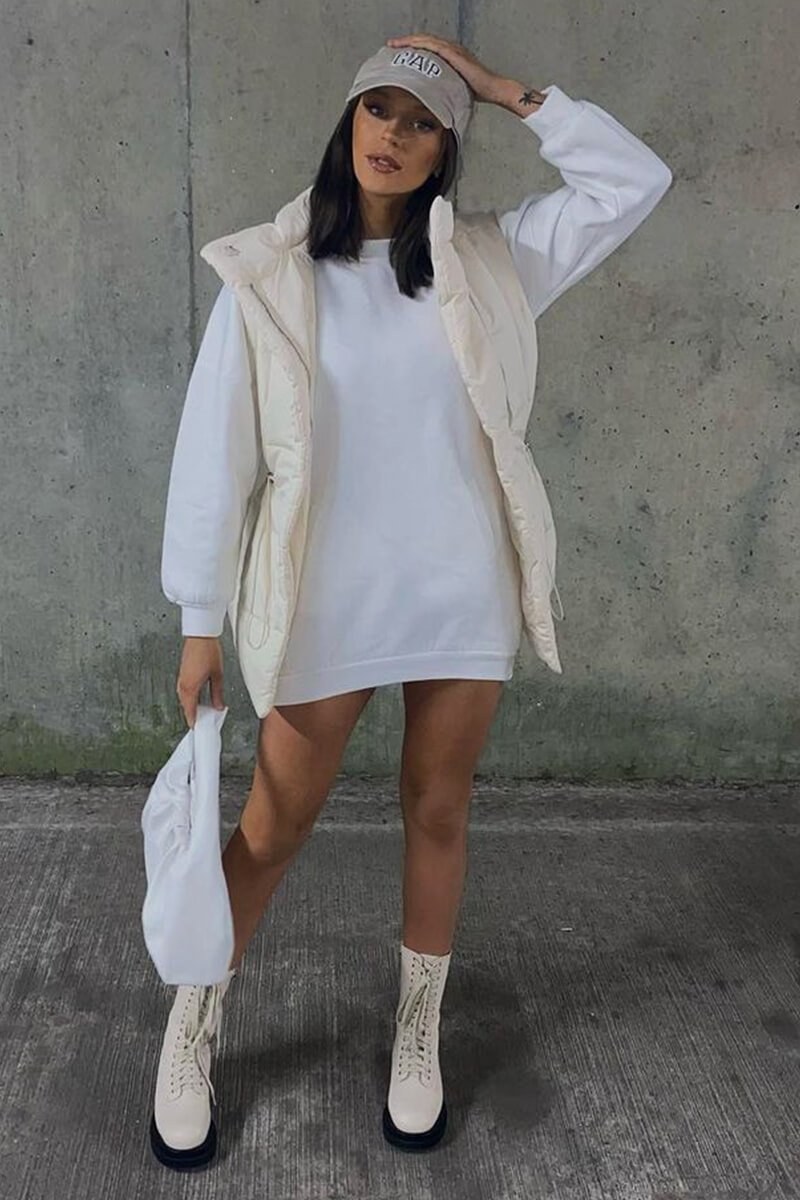White Front Pocket Sweatshirt Mini Dress - Niamh-Dresses